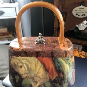 Stella Page lacquer purse lucite handles leather inside 5x7 inches. Beautiful